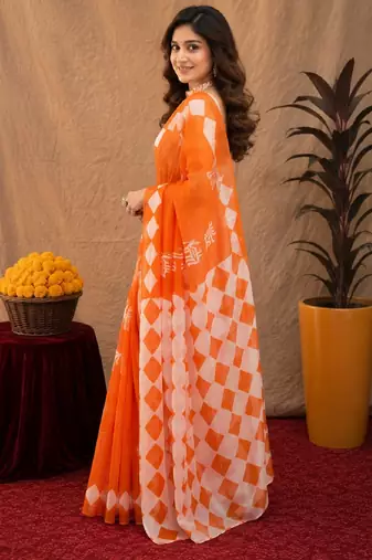 white orange lilen print work 1 minute ready to wear saree with unstitched blouse piece