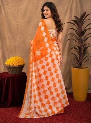 white orange lilen print work 1 minute ready to wear saree with unstitched blouse piece 4