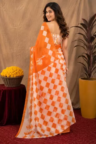 white orange lilen print work 1 minute ready to wear saree with unstitched blouse piece
