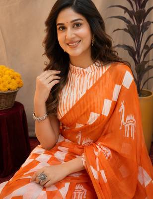 white orange lilen print work 1 minute ready to wear saree with unstitched blouse piece 5