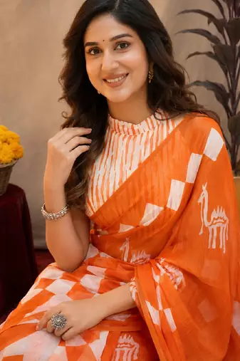 white orange lilen print work 1 minute ready to wear saree with unstitched blouse piece
