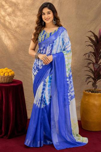 blue yellow lilen print work 1 minute ready to wear saree with unstitched blouse piece