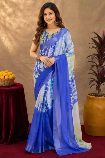 blue yellow lilen print work 1 minute ready to wear saree with unstitched blouse piece