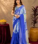 blue yellow lilen print work 1 minute ready to wear saree with unstitched blouse piece