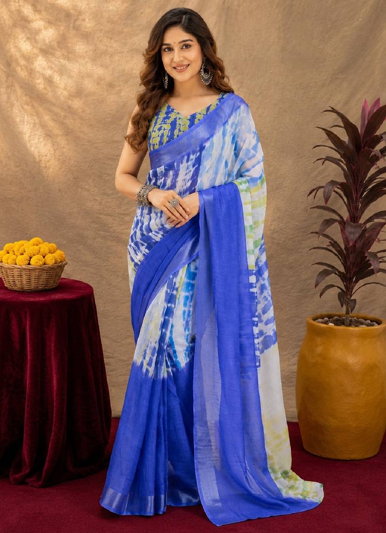 blue yellow lilen print work 1 minute ready to wear saree with unstitched blouse piece
