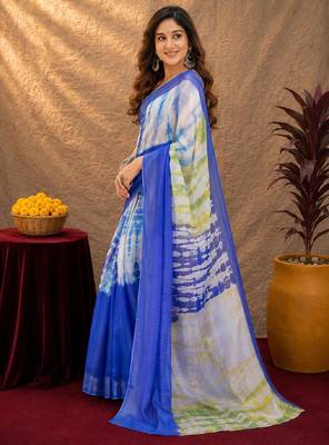 blue yellow lilen print work 1 minute ready to wear saree with unstitched blouse piece 2