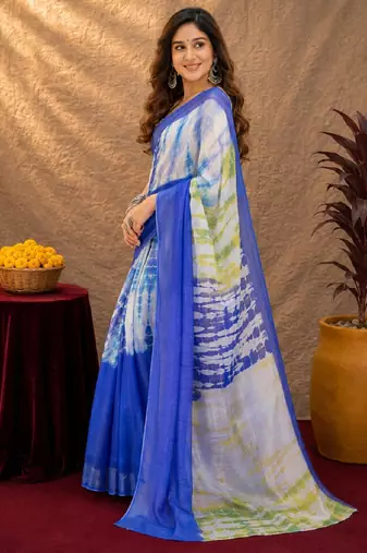 blue yellow lilen print work 1 minute ready to wear saree with unstitched blouse piece