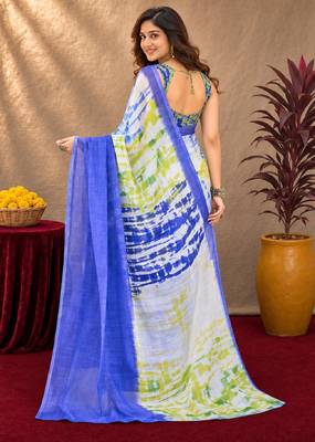 blue yellow lilen print work 1 minute ready to wear saree with unstitched blouse piece 3