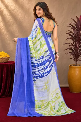 blue yellow lilen print work 1 minute ready to wear saree with unstitched blouse piece