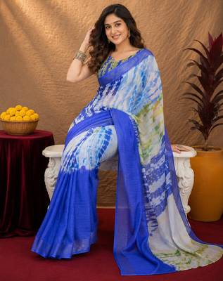blue yellow lilen print work 1 minute ready to wear saree with unstitched blouse piece 4