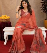 rust lilen print work 1 minute ready to wear saree with unstitched blouse piece