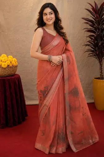 rust lilen print work 1 minute ready to wear saree with unstitched blouse piece