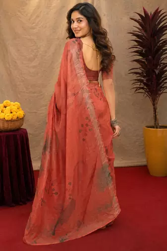 rust lilen print work 1 minute ready to wear saree with unstitched blouse piece