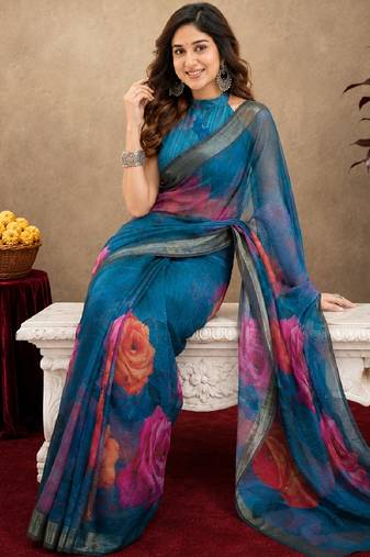 rama lilen print work 1 minute ready to wear saree with unstitched blouse piece