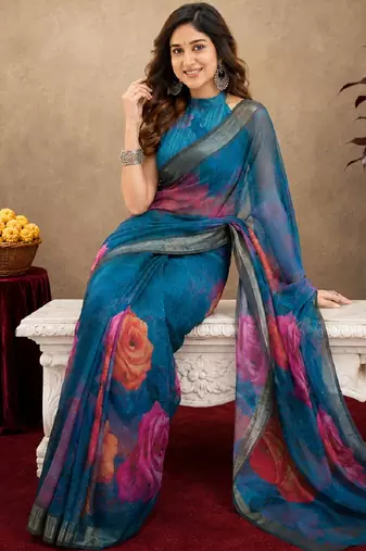rama lilen print work 1 minute ready to wear saree with unstitched blouse piece
