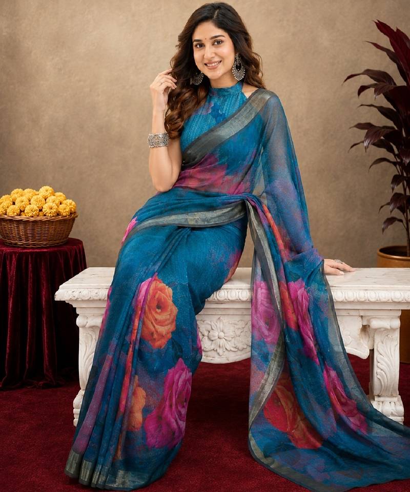 rama lilen print work 1 minute ready to wear saree with unstitched blouse piece