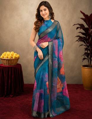 rama lilen print work 1 minute ready to wear saree with unstitched blouse piece 2