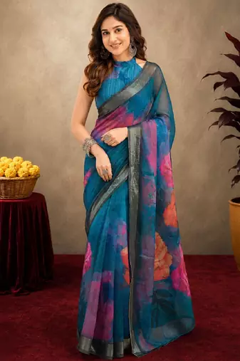 rama lilen print work 1 minute ready to wear saree with unstitched blouse piece