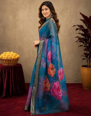 rama lilen print work 1 minute ready to wear saree with unstitched blouse piece 3