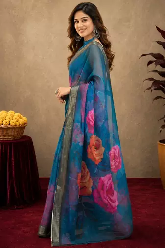 rama lilen print work 1 minute ready to wear saree with unstitched blouse piece