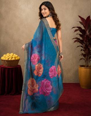 rama lilen print work 1 minute ready to wear saree with unstitched blouse piece 4