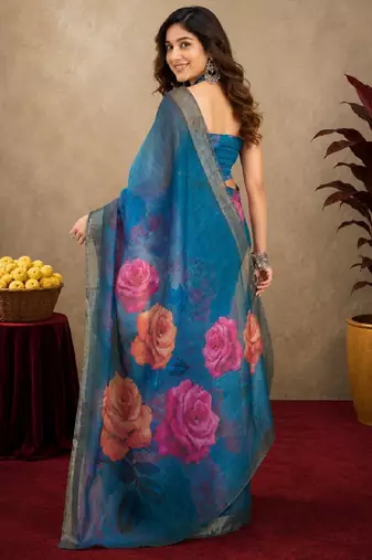 rama lilen print work 1 minute ready to wear saree with unstitched blouse piece