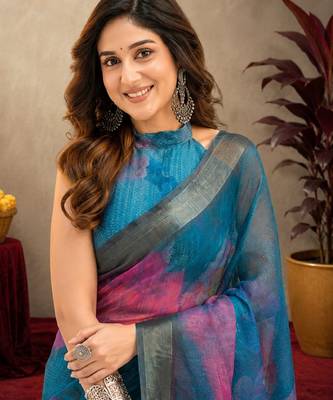 rama lilen print work 1 minute ready to wear saree with unstitched blouse piece 5