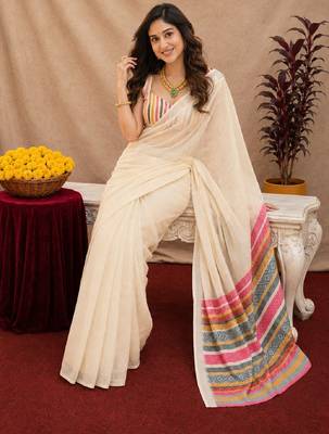 off white lilen print work 1 minute ready to wear saree with unstitched blouse piece 1