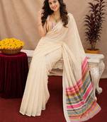 off white lilen print work 1 minute ready to wear saree with unstitched blouse piece
