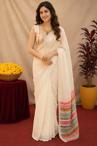 off white lilen print work 1 minute ready to wear saree with unstitched blouse piece