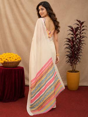 off white lilen print work 1 minute ready to wear saree with unstitched blouse piece 3