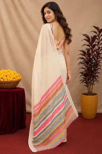 off white lilen print work 1 minute ready to wear saree with unstitched blouse piece