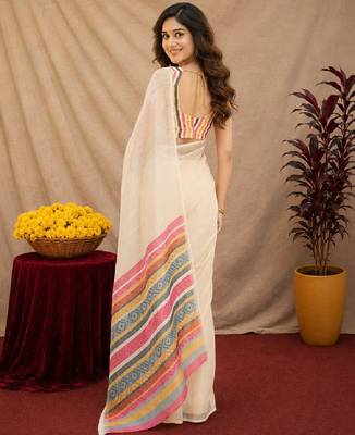 off white lilen print work 1 minute ready to wear saree with unstitched blouse piece 4