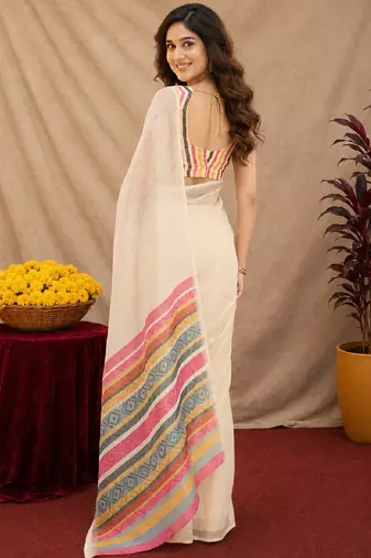 off white lilen print work 1 minute ready to wear saree with unstitched blouse piece