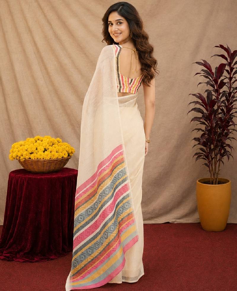 off white lilen print work 1 minute ready to wear saree with unstitched blouse piece