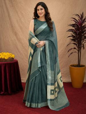 dusty teal lilen print work 1 minute ready to wear saree with unstitched blouse piece 1