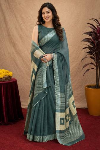 dusty teal lilen print work 1 minute ready to wear saree with unstitched blouse piece