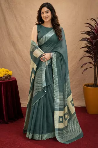 dusty teal lilen print work 1 minute ready to wear saree with unstitched blouse piece