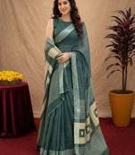 dusty teal lilen print work 1 minute ready to wear saree with unstitched blouse piece