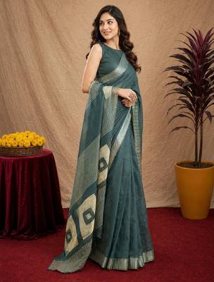 dusty teal lilen print work 1 minute ready to wear saree with unstitched blouse piece 2