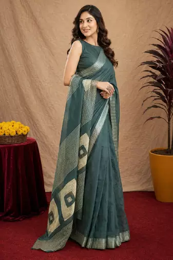 dusty teal lilen print work 1 minute ready to wear saree with unstitched blouse piece
