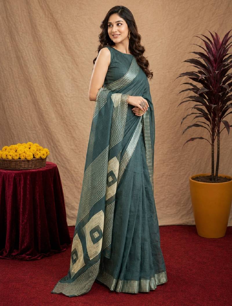 dusty teal lilen print work 1 minute ready to wear saree with unstitched blouse piece