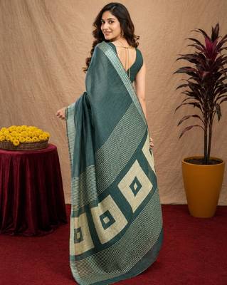 dusty teal lilen print work 1 minute ready to wear saree with unstitched blouse piece 3