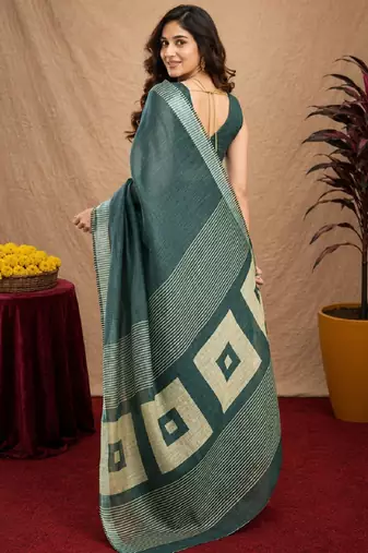 dusty teal lilen print work 1 minute ready to wear saree with unstitched blouse piece