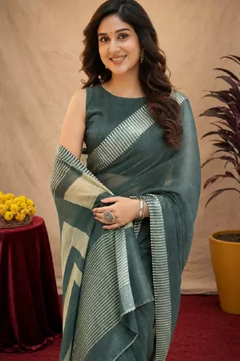 dusty teal lilen print work 1 minute ready to wear saree with unstitched blouse piece