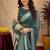 dusty teal lilen print work 1 minute ready to wear saree with unstitched blouse piece