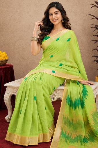 parrot lilen print work 1 minute ready to wear saree with unstitched blouse piece