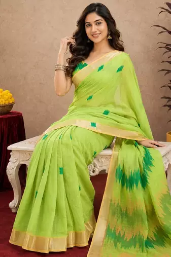 parrot lilen print work 1 minute ready to wear saree with unstitched blouse piece
