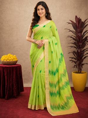 parrot lilen print work 1 minute ready to wear saree with unstitched blouse piece 2
