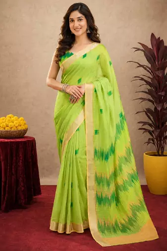 parrot lilen print work 1 minute ready to wear saree with unstitched blouse piece